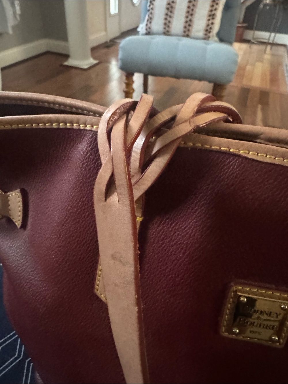 Dooney & Bourke Burgundy Leather Tote with Tan Trim - Picture 2 of 7